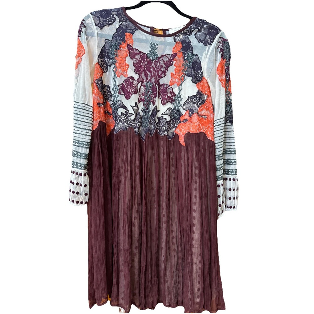 Postmark Anthropologie Mixed Media Lace Pleated Mini Dress Burgundy Orange S